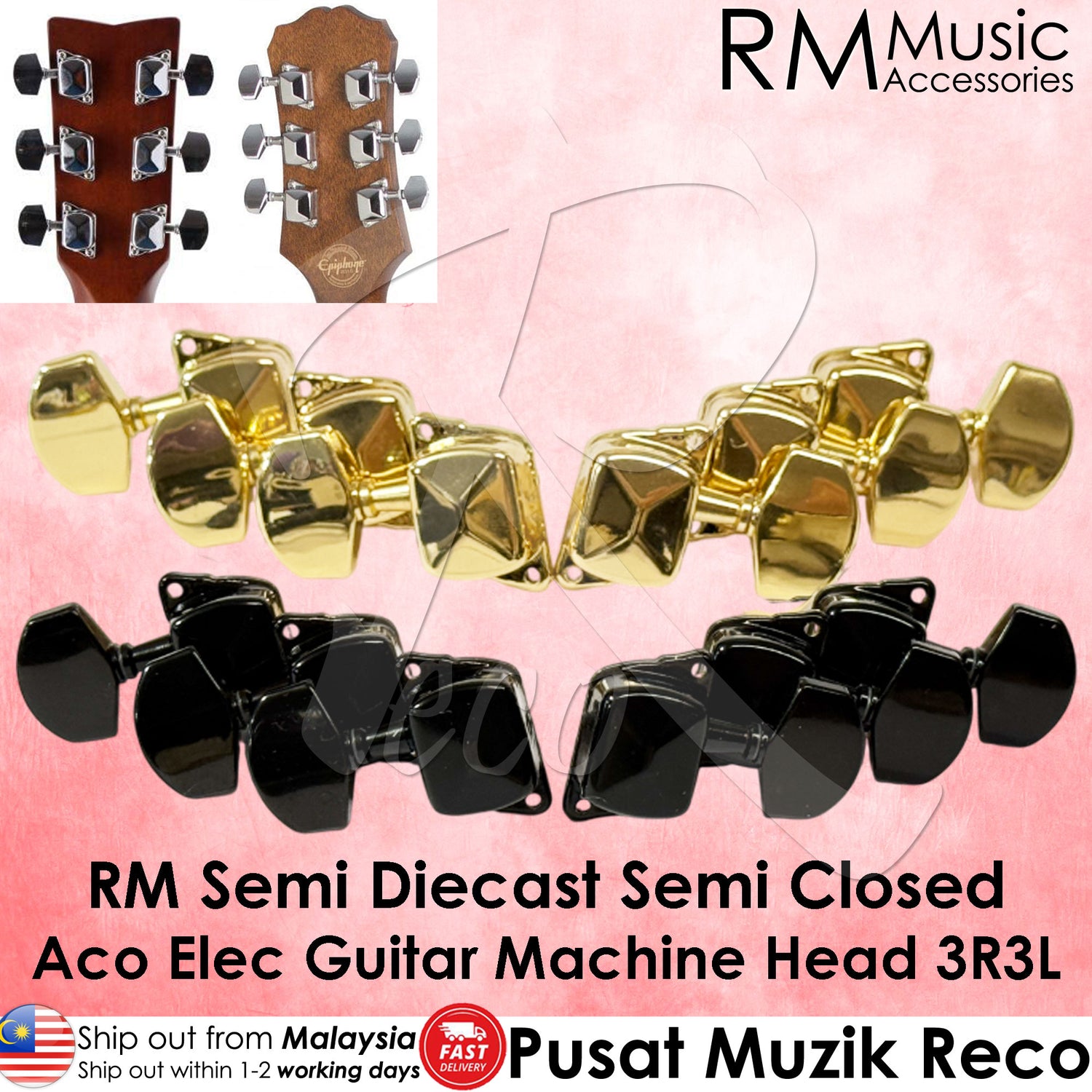 Guitar machine heads in gold and black on a pink background with RM Music Accessories branding - Reco Music Malaysia