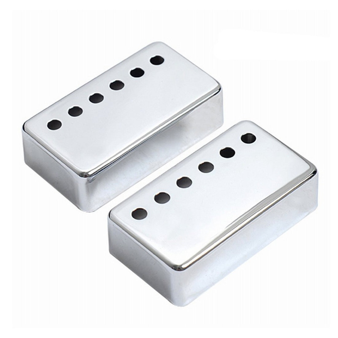 Two silver chrome guitar humbucker pickups with five black pole pieces, shown on a plain white background.