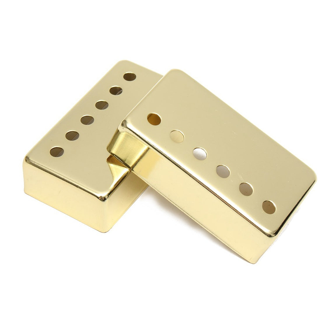 Two gold metal guitar pickups with five pole openings, shown on a clean white background.