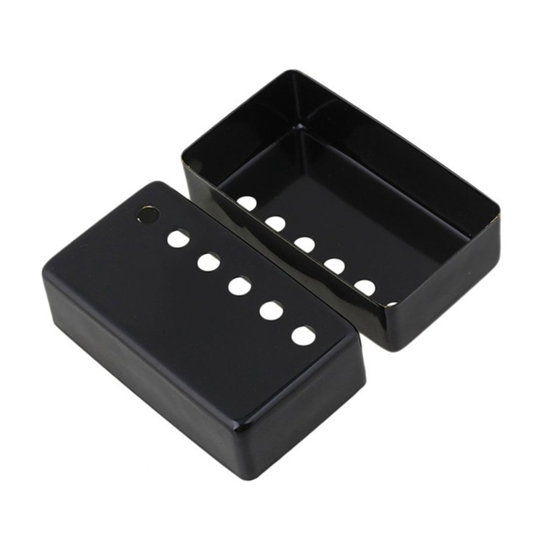 A pair of glossy black rectangular metal guitar pickups, shown with one open to reveal the pole pieces and one closed, on a plain white background.