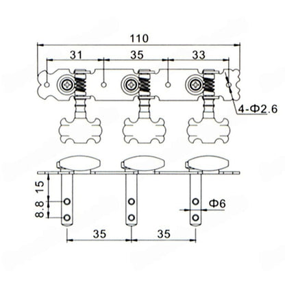 Technical line drawing showing a mechanical assembly with dimension annotations, including measurements such as 110, 31, 35, 33, 8.8, 15, and Φ6.