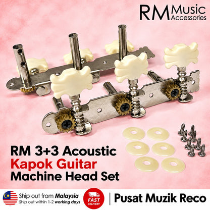 RM Music Accessories RM 3+3 Acoustic Kapok Guitar Machine Head Set, featuring two metal headstock machines with cream-colored Kapok knobs, screws, washers, and a pink background with promotional text.