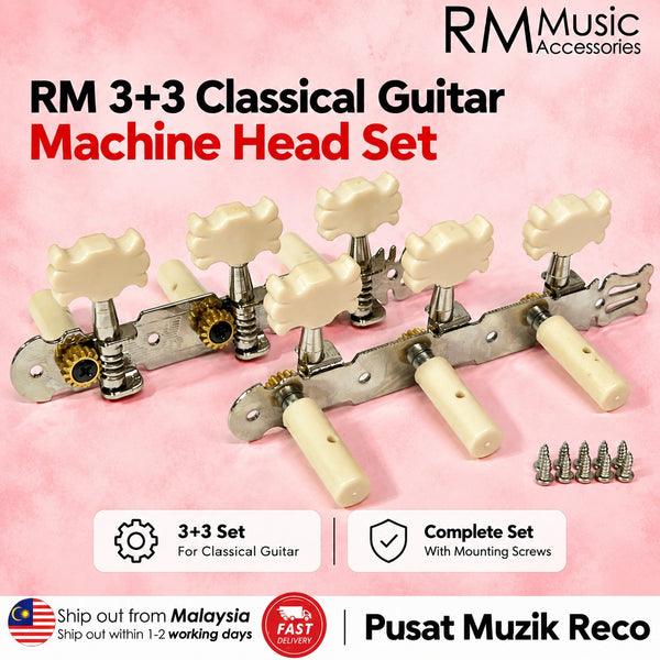 RM Music Accessories RM 3+3 Classical Guitar Machine Head Set with cream-colored knobs and silver metal hardware, displayed on a pink background with promotional text and delivery badges.