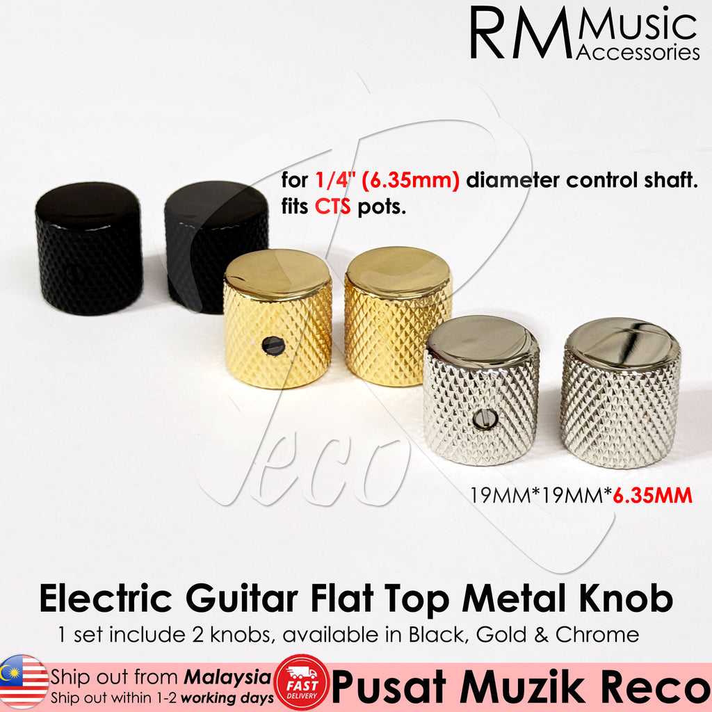 Set of flat top metal knobs for electric guitars, available in chrome, gold, and black colors, with the brand name RM visible.