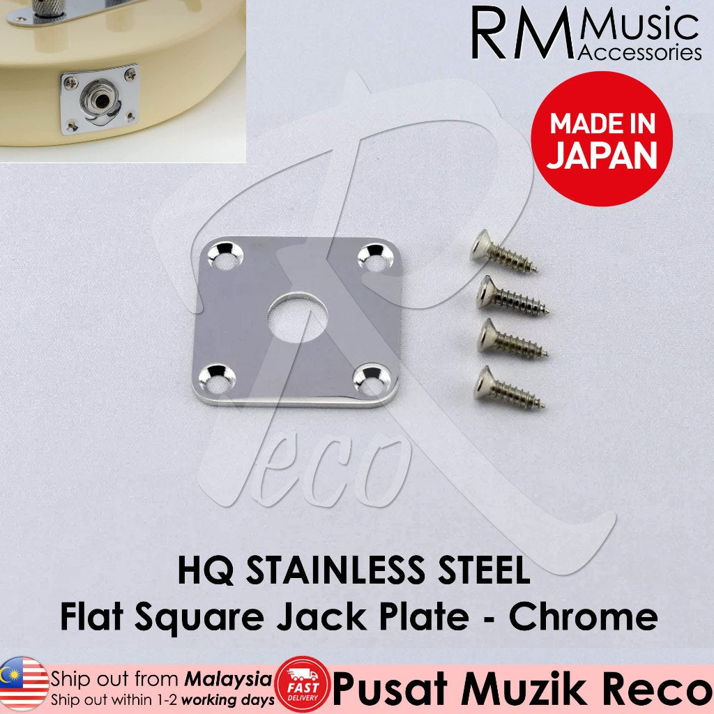 A collection of stainless steel guitar jack plates in different shapes, including flat square and curved oval, designed for electric guitars or basses.