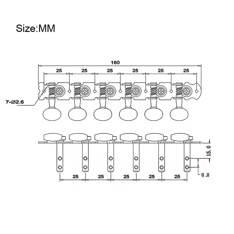 Technical dimension diagram of a 7-hole exhaust manifold, labeled 'Size:MM', showing front and side measurements in millimeters.