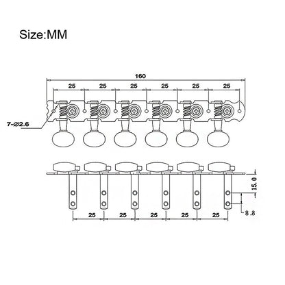 Technical dimension diagram of a 7-hole exhaust manifold, labeled 'Size:MM', showing front and side measurements in millimeters.