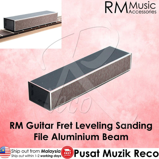 A long rectangular metal guitar fret leveling sanding file beam by RM Music Accessories, shown on a pink background with product text and a small inset of the item mounted on a guitar string tree.