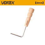 A 4mm Vortex hex key tool with a light wood handle and silver metal shaft, shown on a white background with a yellow Vortex brand banner at the top.