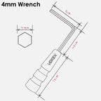 A technical line drawing of a 4mm wrench with labeled dimensions and a hexagon cross-section inset, on a light gray background. The handle shows the VORTEX brand.