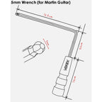 Technical line drawing of a 5mm wrench for Martin guitar, showing the handle, shaft, and tip dimensions with red measurement labels on a light gray background.