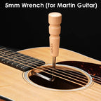A 5mm wooden guitar wrench with a turned wood handle and metal shaft inserted into the sound hole of an acoustic guitar, shown against a black background with white text reading '5mm Wrench (for Martin Guitar)'.