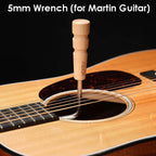 A 5mm wrench for Martin guitar, featuring a light natural wood handle and a silver metal shaft, shown inserted into the sound hole of an acoustic guitar. The brand name 'VERTEX' is printed on the handle.