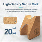 High-density nature cork support block with a textured natural cork surface, shown alongside a close-up texture swatch and marketing text emphasizing its 20 kg load-bearing capacity.