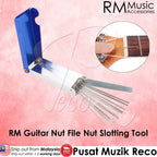RM Guitar Nut File Nut Slotting Tool by RM Music Accessories, featuring a blue handle, silver metal rod, and multiple fine steel slots, shown on a pink background with an inset demonstrating use on a guitar headstock.