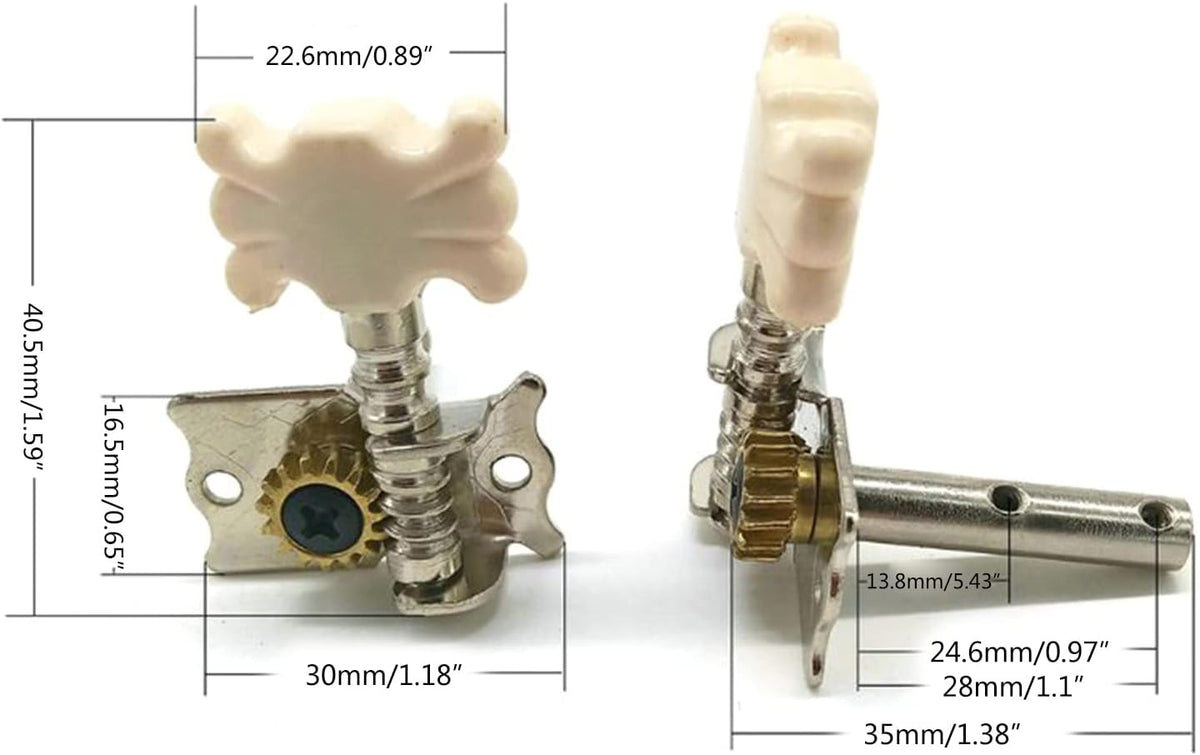 Two views of a guitar tailpiece with dimension labels showing measurements in millimeters and inches on a white background.