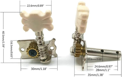Two views of a guitar tailpiece with dimension labels showing measurements in millimeters and inches on a white background.