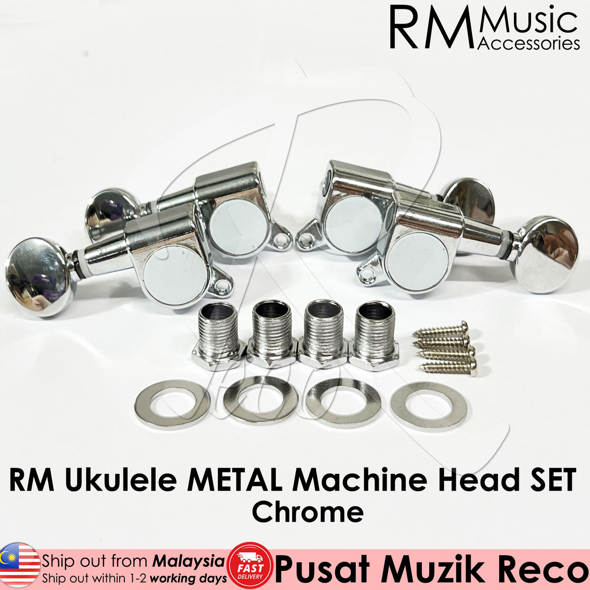 A pair of chrome metal headstock tuners for a ukulele, shown with mounting hardware including screws, washers, and threaded inserts on a white background. Brand text 'RM Music Accessories' is visible at the top right.