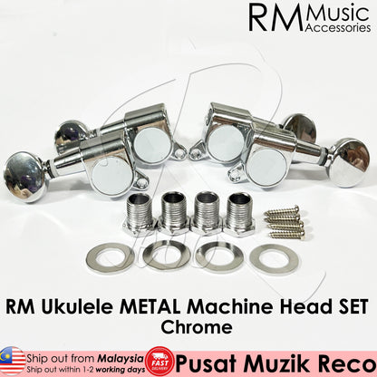 A pair of chrome metal headstock tuners for a ukulele, shown with mounting hardware including screws, washers, and threaded inserts on a white background. Brand text 'RM Music Accessories' is visible at the top right.