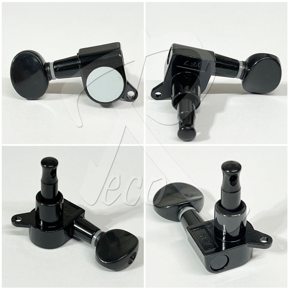 Four views of a black guitar tailpiece on a white background, showing different angles of the hardware including the tuning peg, base, and side profile.