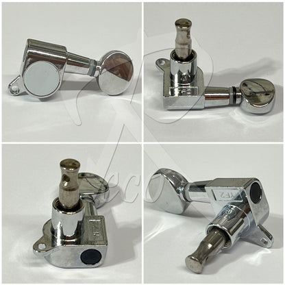 Four views of a chrome guitar tremolo tailpiece on a white background, showing different angles of the hardware.