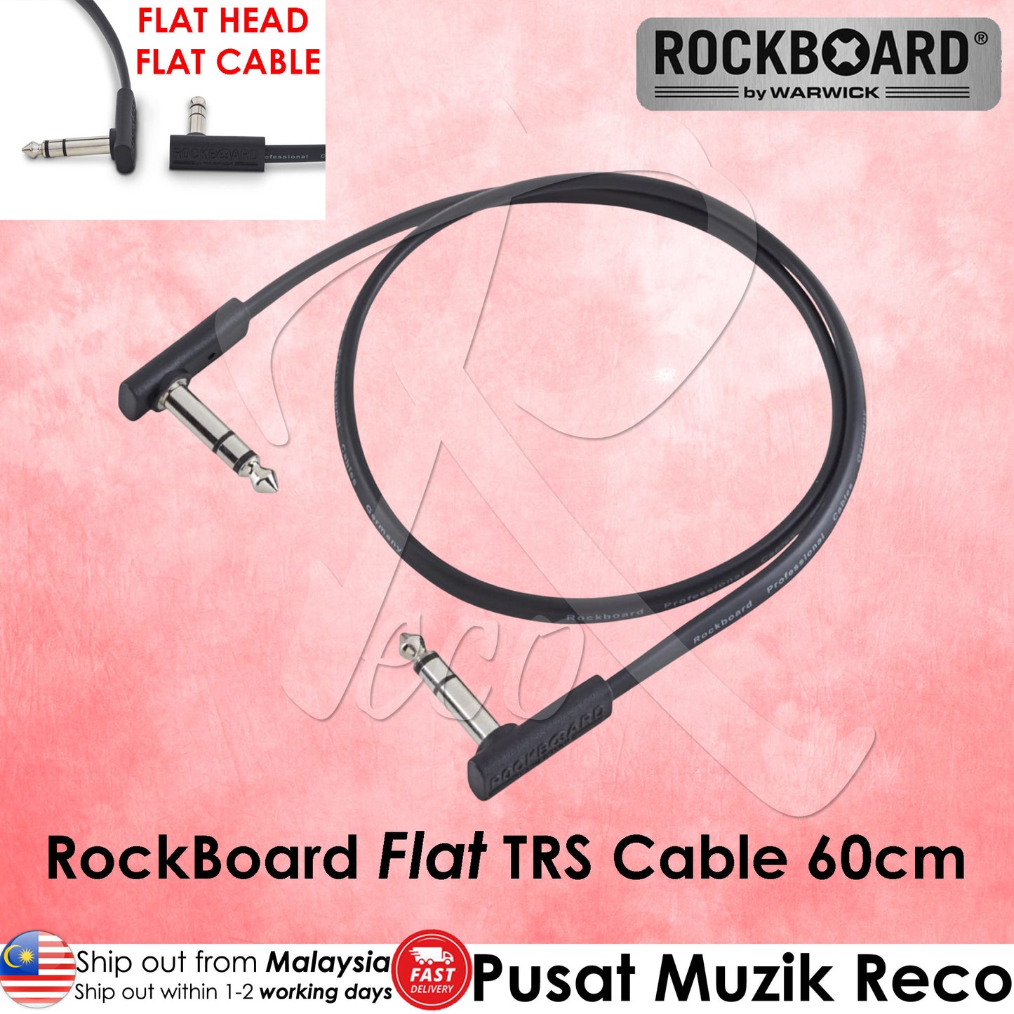 Rockboard Warwick Flat Head TRS Cable 60cm Audio Cable Balanced Interconnect 1/4inch TRS to 1/4inch TRS
