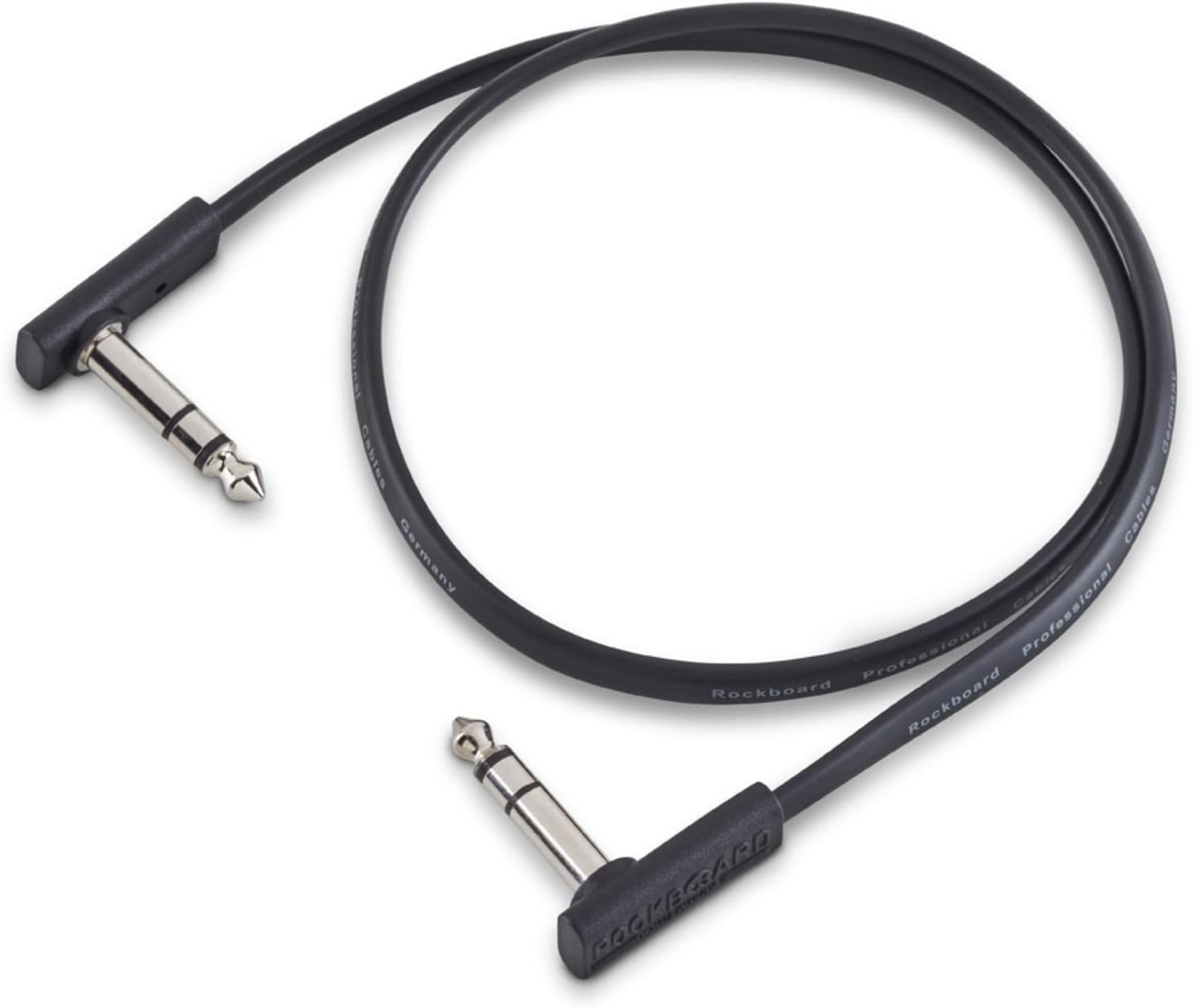 Black audio cable with 1/4 inch connectors on a white background
