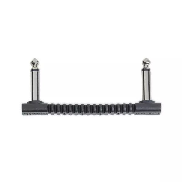 Black guitar cable connector with two silver plugs on a white background