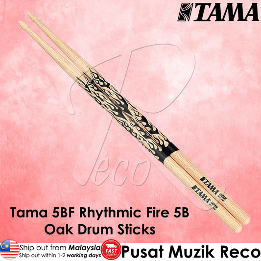 Tama 5BF Rhythmic Fire Japanese Oak 5B Drum Sticks, Wood Flame