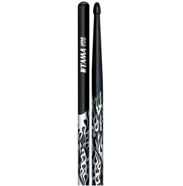 Tama 5AF-BS Rhythmic Fire Japanese Oak 5A Drum Sticks, Black Silver Flame