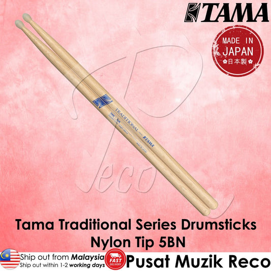 Tama Traditional Series drumsticks with nylon 5BN tips, displayed diagonally on a pink textured background with brand logos and text overlays.