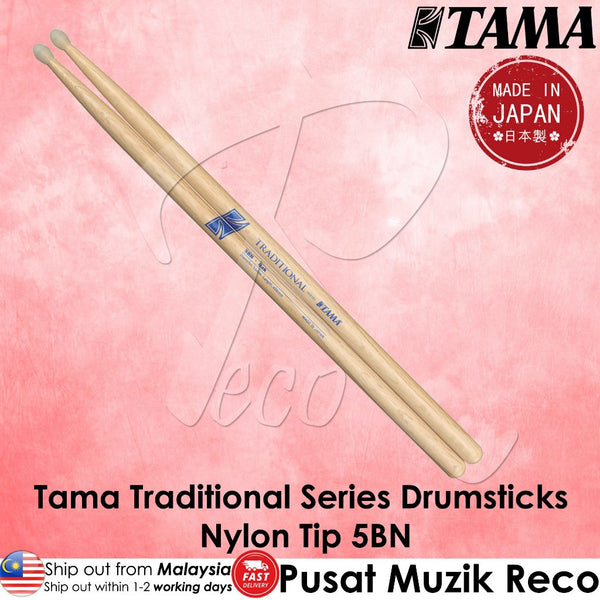 Tama Traditional Series drumsticks with nylon 5BN tips, displayed diagonally on a pink textured background with brand logos and text overlays.
