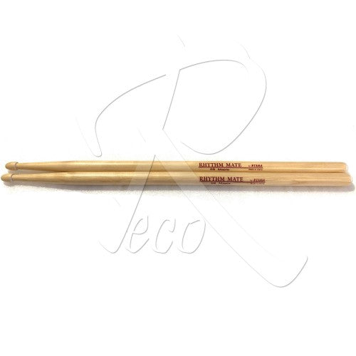 Four light natural wood drumsticks laid horizontally on a white background, with red printed text reading 'KAYUTAN MATE' and '27005'.
