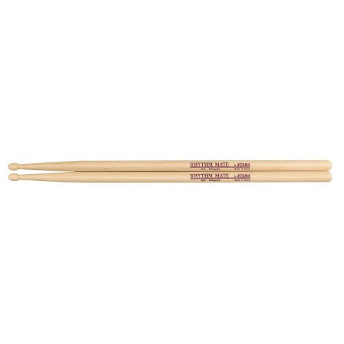 Two light natural wood drumsticks laid horizontally on a plain white background, with red printed text reading 'RHYTHM MAZE' and 'ATOM' on the shafts.
