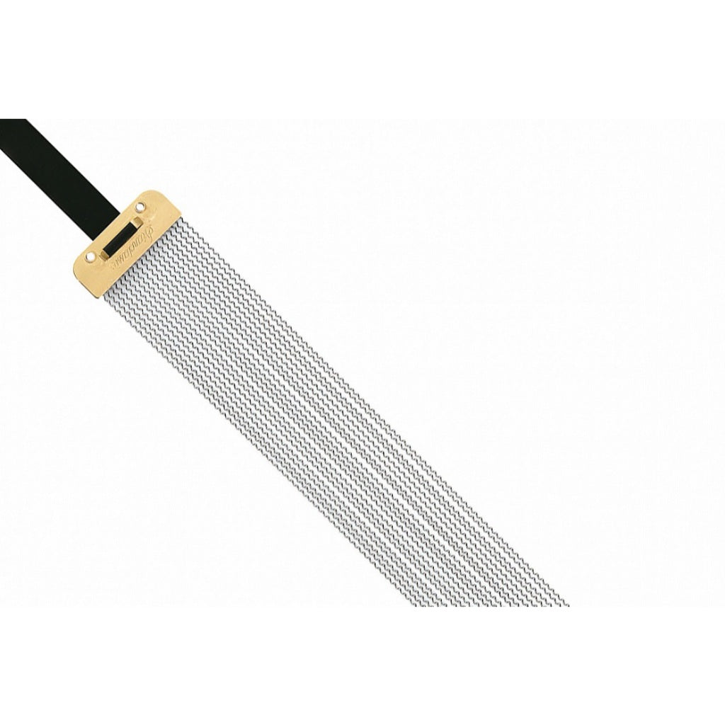 A close-up of a metallic mesh strap or band with a gold-toned rectangular connector and a black section at one end, shown on a plain white background.