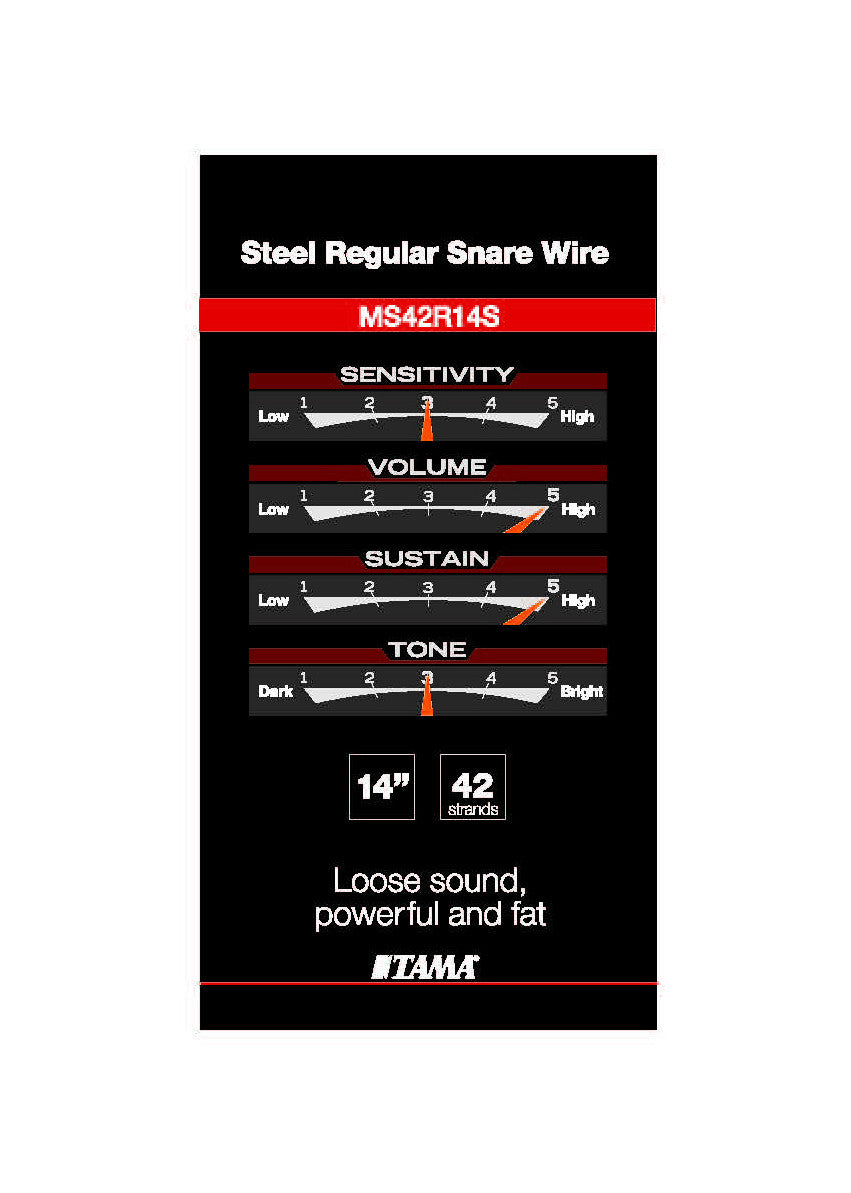 TAMA steel regular snare wire packaging with control settings on a black background
