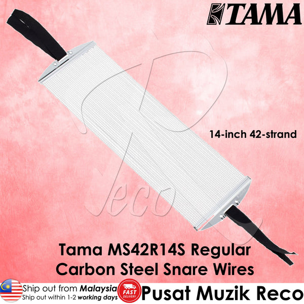 Tama MS42R14S Regular Carbon Steel Snare Wires on a pink background with Tama branding.