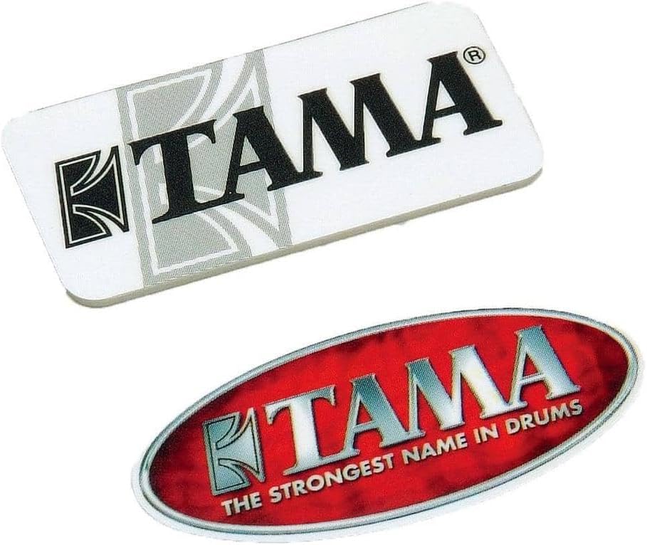 Two TAMA logo emblems, one on a white background and the other on a red background.
