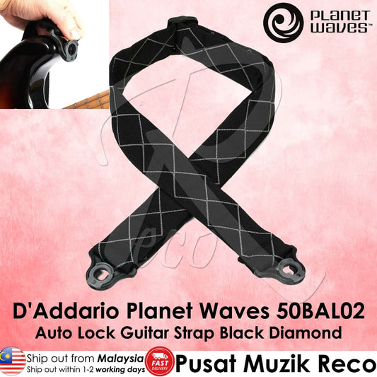 *D'Addario Planet Waves 50BAL02 Auto Lock Guitar Strap, Black Padded Diamonds - Reco Music Malaysia