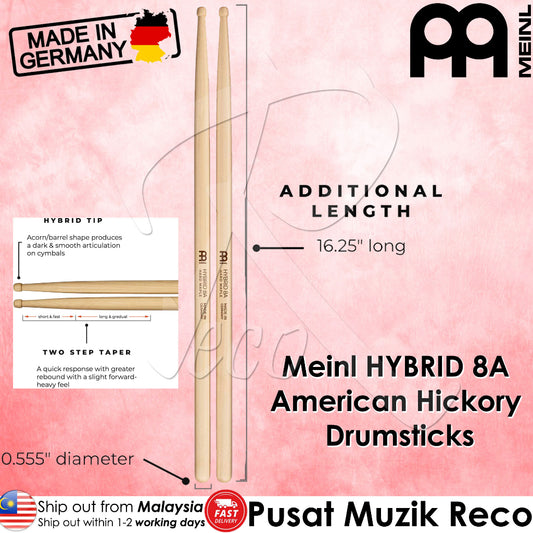 Meinl SB132 Hybrid 8A Drumstick American Hickory, Acron Shape Tip - Reco Music Malaysia
