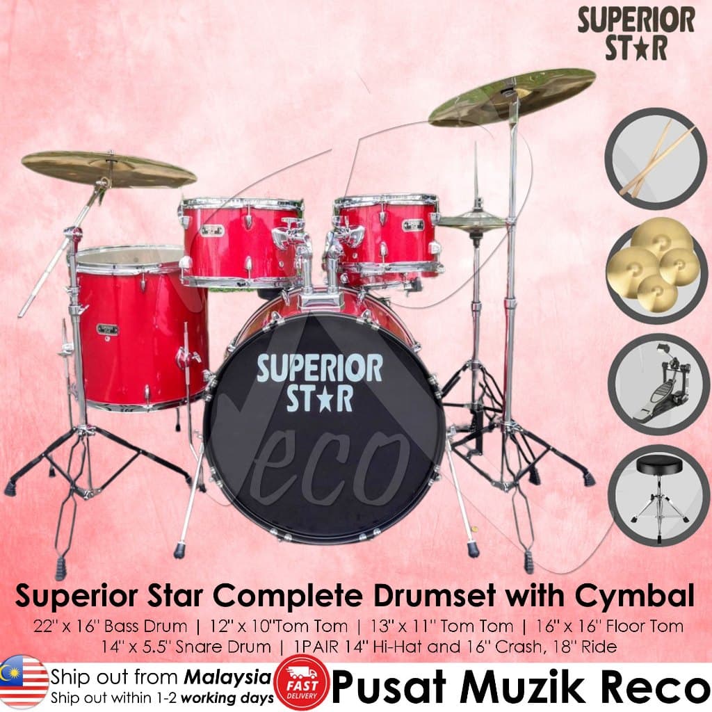 Superiorstar JBP1709B 5-piece Drum Set With Cymbal Set (Red) - Reco Music Malaysia