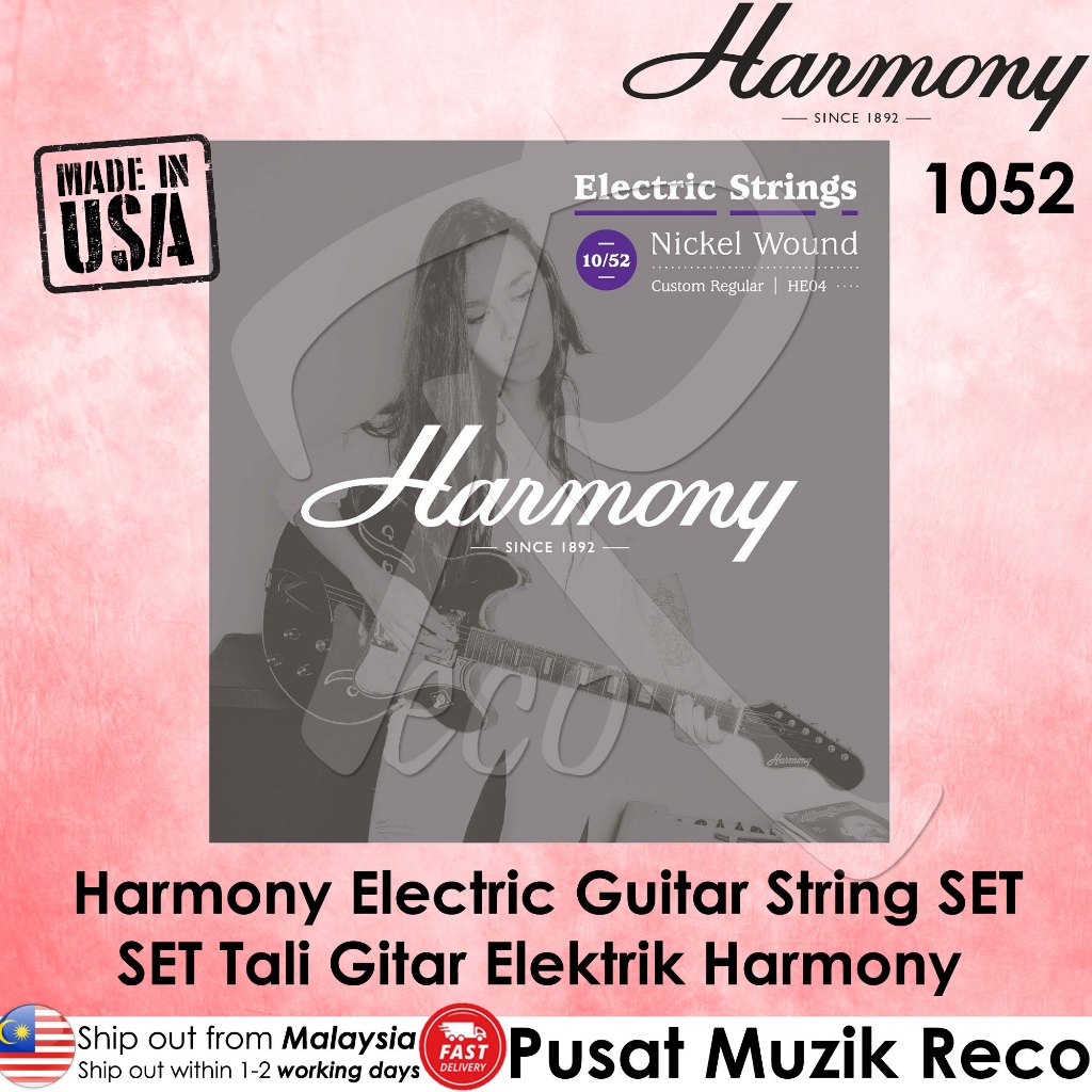 Harmony HE04 Nickel Electric Guitar Strings, Medium, 10/52 - Reco Music Malaysia
