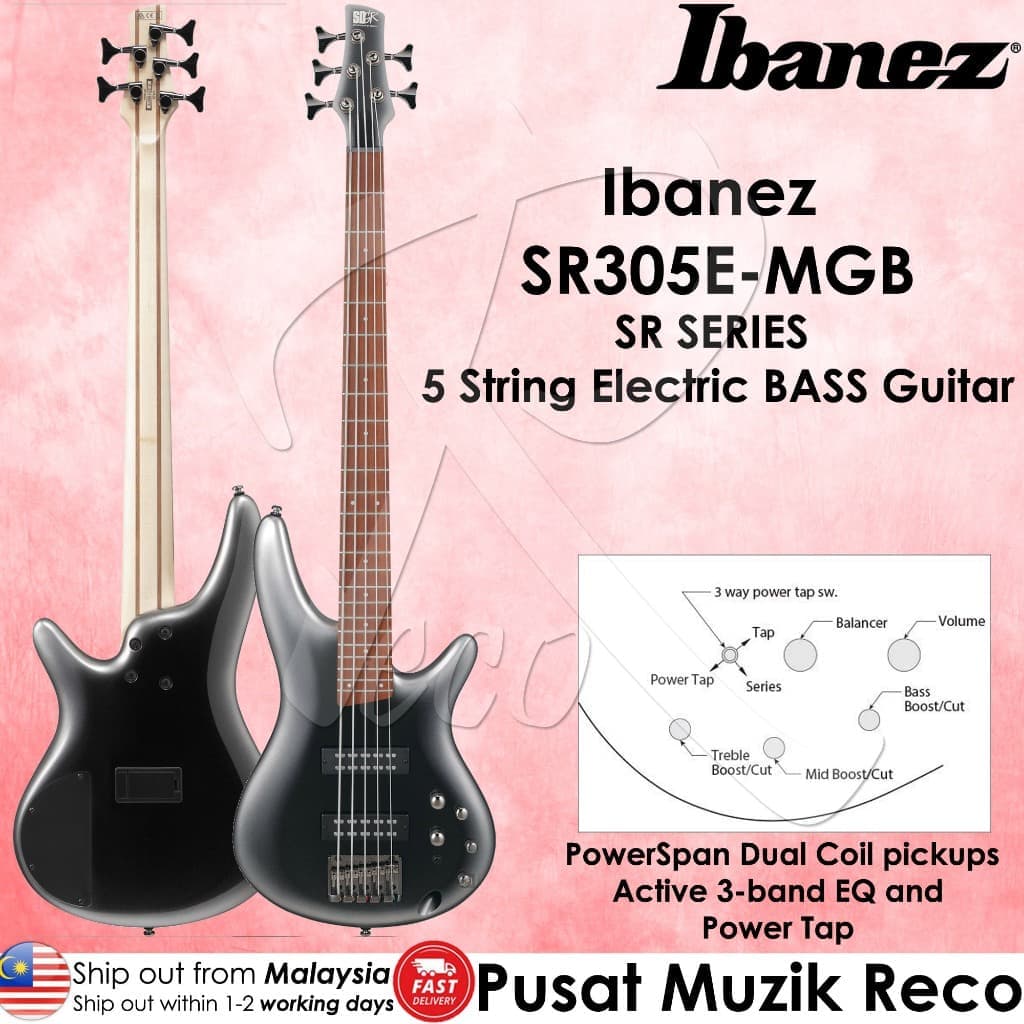 *Ibanez SR305E MGB 5 String Electric Bass Guitar, Midnight Gray Burst - Reco Music Malaysia