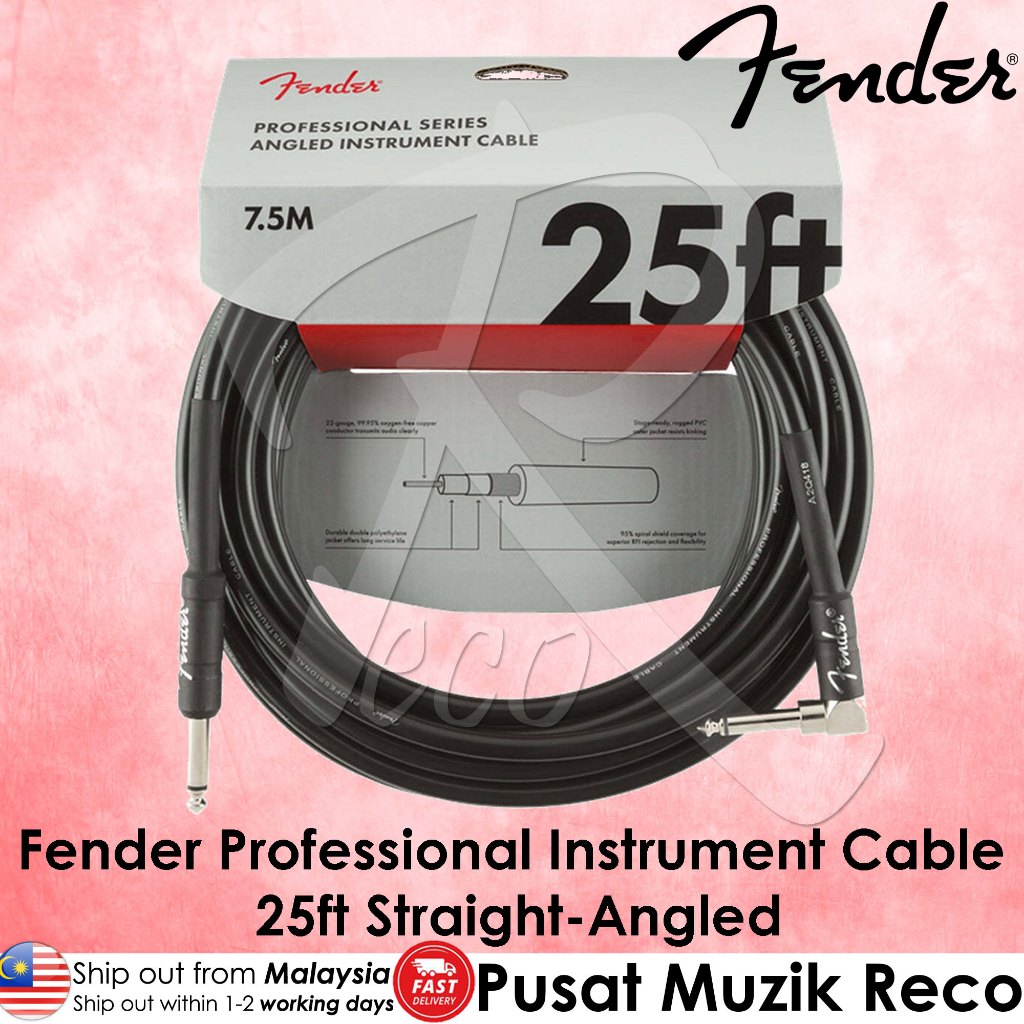 Fender 0990820060 Professional Series Straight To Right Angle Instrument Cable - 25 Feet Black - Reco Music Malaysia