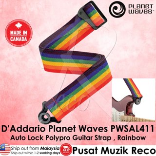 D'Addario Planet Waves rainbow guitar strap with brand logo on a pink background - Reco Music Malaysia