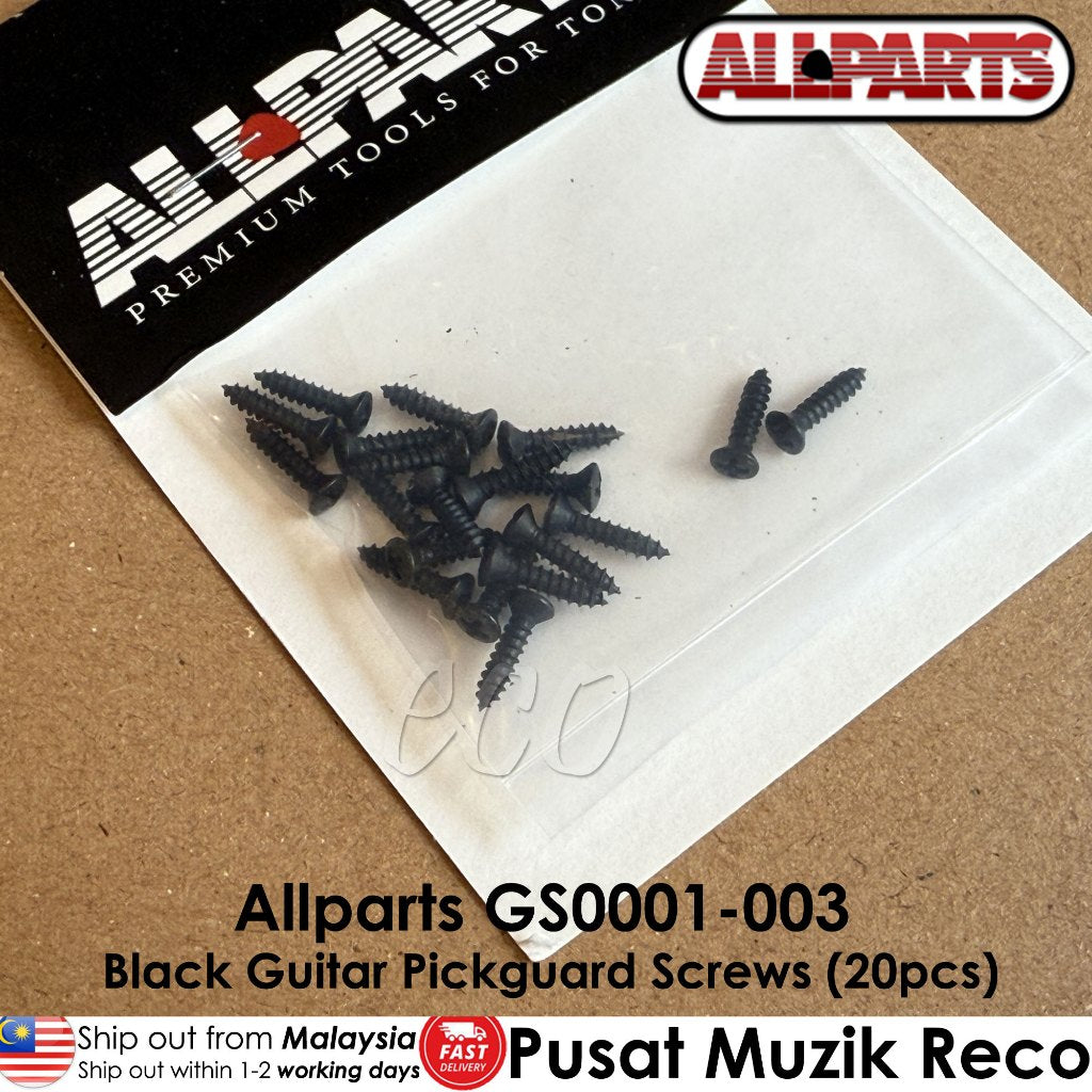 Pack of black guitar pickguard screws on a clear plastic sheet with Allparts branding - Reco Music Malaysia