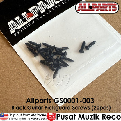 Pack of black guitar pickguard screws on a clear plastic sheet with Allparts branding - Reco Music Malaysia