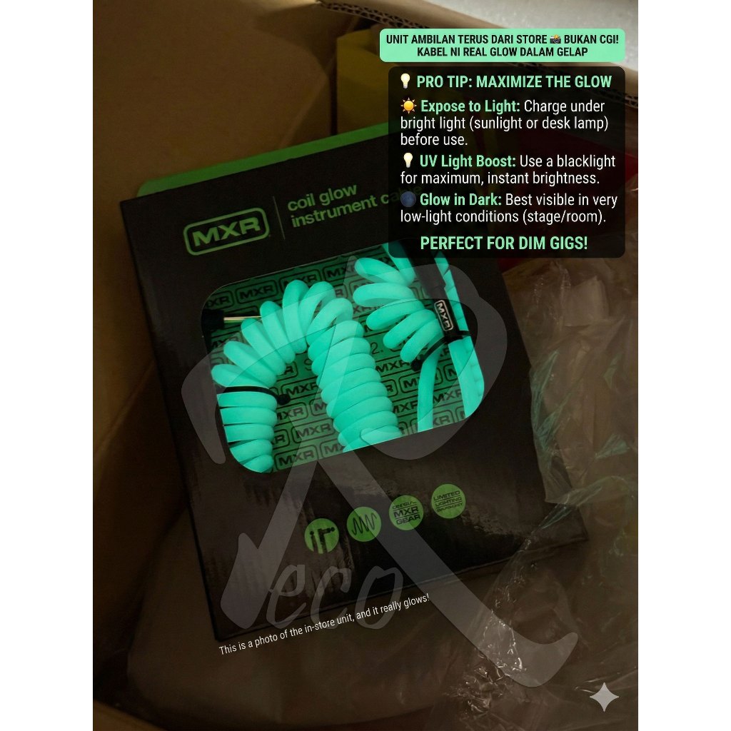 Glowing earbuds in packaging with MXR branding on a dark background