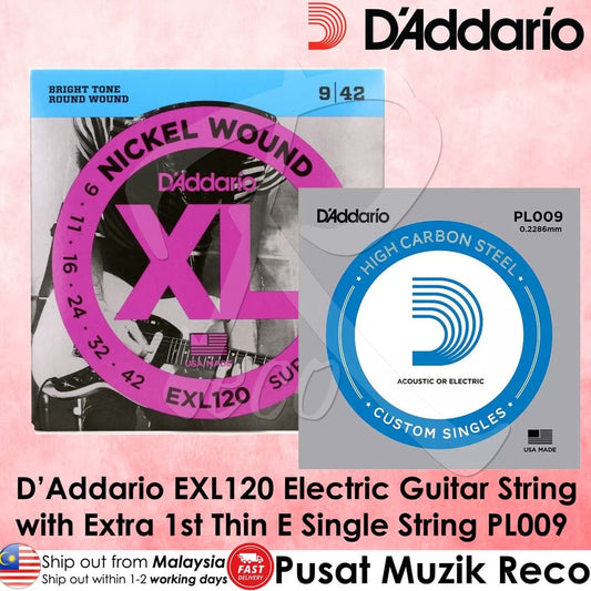 *D'Addario EXL120+PL009 Nickel Wound Electric Guitar Strings, Super Light, 9-42 - Reco Music Malaysia