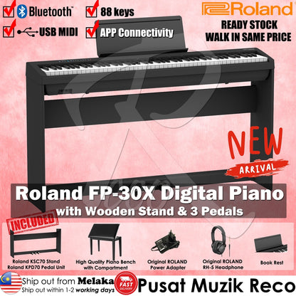 Roland FP-30X 88 keys Digital Piano W/ Bench Headphone 3 Pedals Stand Black - Reco Music Malaysia